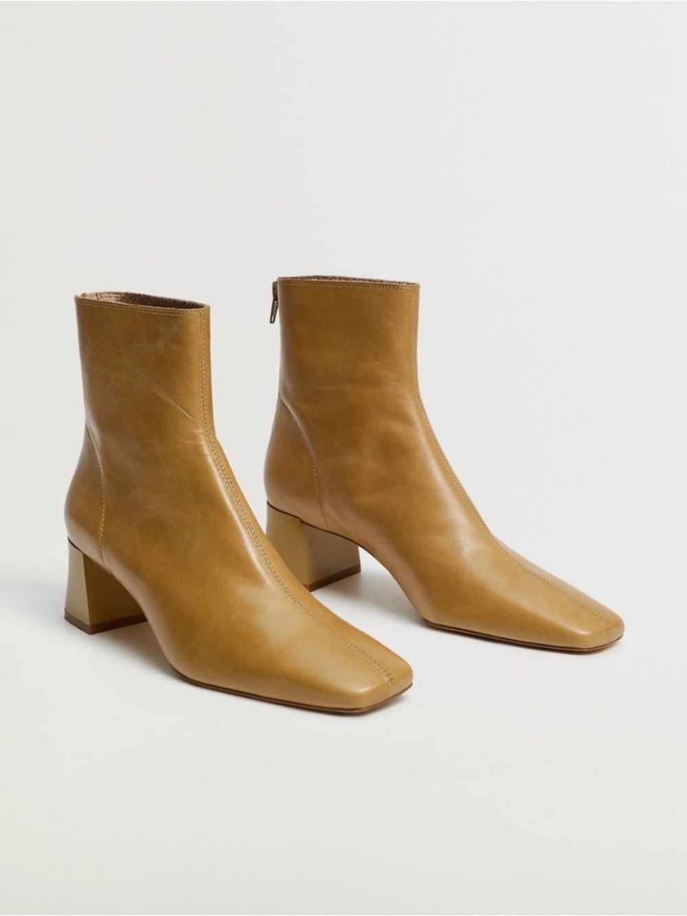Mango Squared Toe Leather Ankle Boots Size 36 Women's Block Heel butter yellow